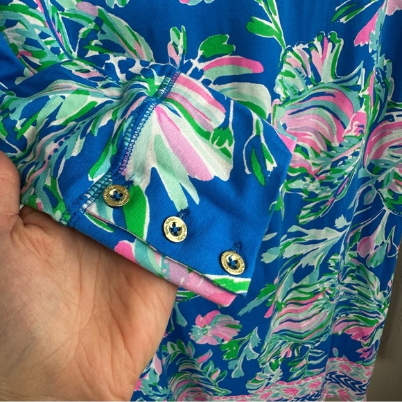 Lilly Pulitzer Sophie Boat Neck Gold Button Dress Blue Flare Fancy Fins Print - Picture 9 of 11